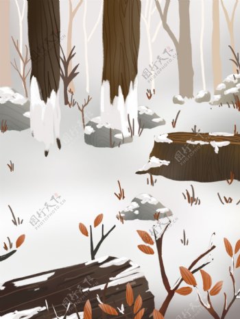 手绘枯木雪景背景素材
