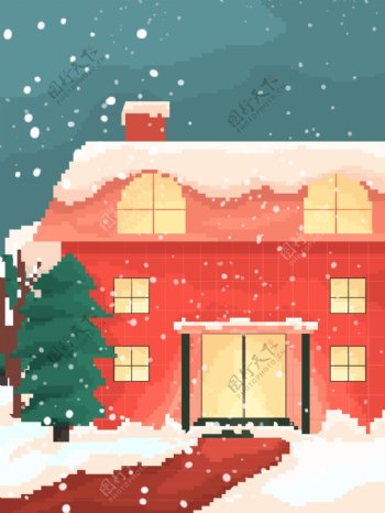 手绘圣诞节复古像素红房子背景素材