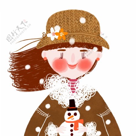 创意唯美大雪中拿着雪人的女孩