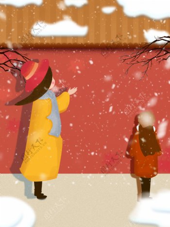 卡通站在雪中的女孩大寒节气背景素材