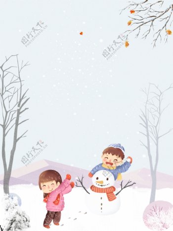 彩绘冬季雪地玩雪的男孩女孩背景