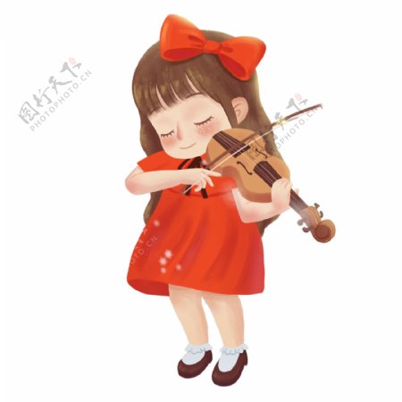 手绘清新唯美大雪中拉小提琴的女孩