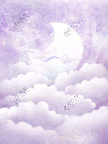 原创紫色唯美梦幻云层明月插画背景