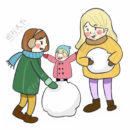 暖冬童话少女风卡通手绘一起滚雪球