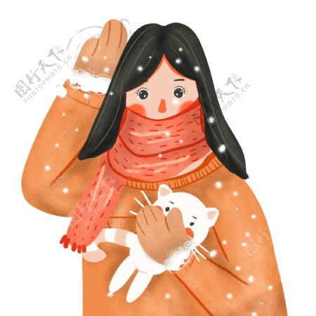 清新大雪中抱着兔子玩偶的女孩