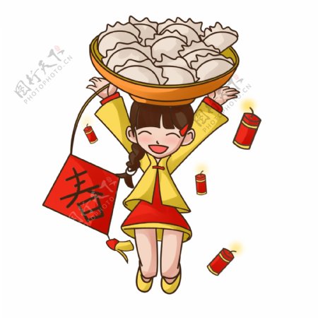 新年女孩头顶饺子插画