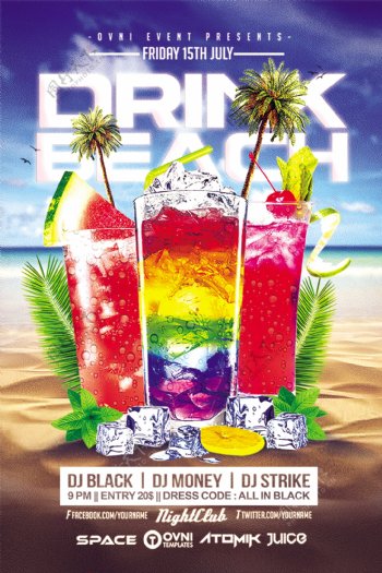 沙滩椰子饮料排队国外创意海报设计