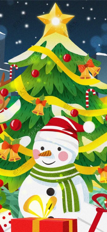 圣诞节唯美圣诞树礼品盒雪人驯鹿插画