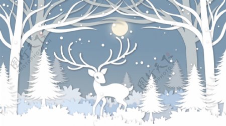 原创冬季剪纸鹿与森林插画