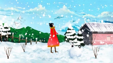 唯美清新冬季雪景创意冬日私语女孩雪中插画