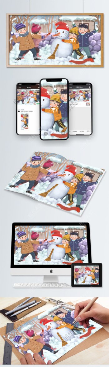 堆雪人打雪仗下雪后孩子一起打雪仗儿童插画