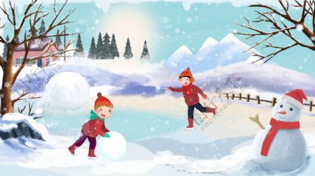 唯美冬季开心小伙伴一起打雪仗原创手绘插画