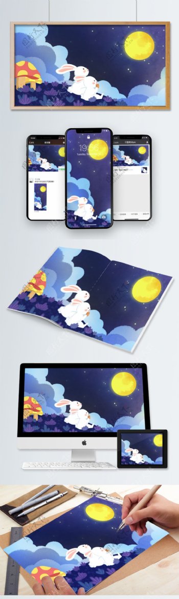 中秋节可爱卡通兔子赏月手绘插画
