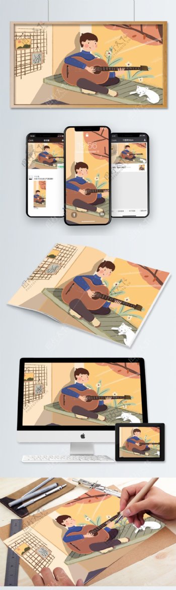 弹琴的男孩音乐手绘生活插画