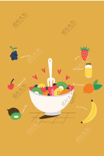 卡通手绘健康饮食水果沙拉海报矢量背景