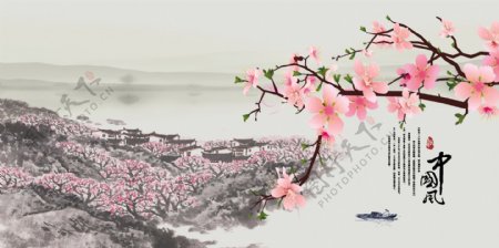 中国风水彩花枝背景设计
