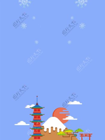 蓝色原创暖冬浪漫插画日本旅游背景
