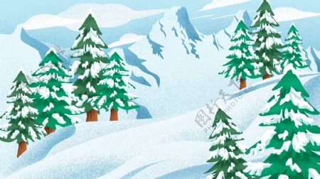唯美冬季雪景树林雪峰背景素材