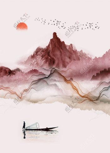 中式手绘山水抽象线条一联客厅装饰画