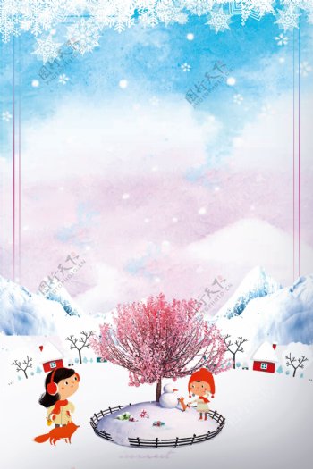 卡通冬至节气雪地堆雪人背景