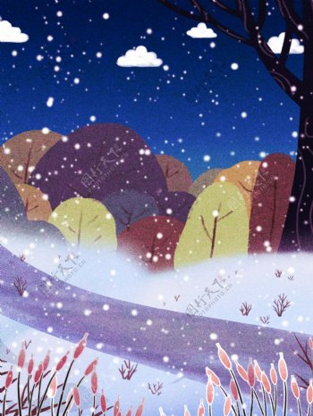 手绘冬季树林雪地背景设计