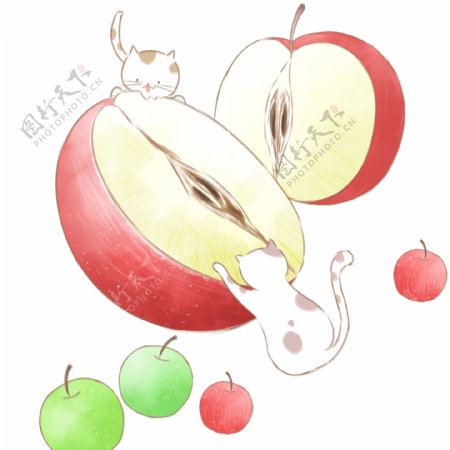 手绘小清新苹果和吃苹果的猫咪