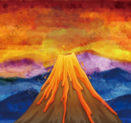 夕阳下的山脉火山爆发