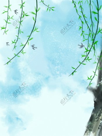手绘卡通春天柳树插画背景设计