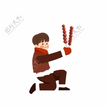 单膝跪地拿着糖葫芦的男孩卡通设计
