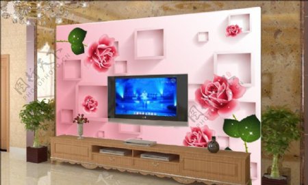 客厅3D玫瑰花纹电视墙