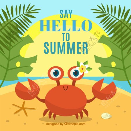 卡通夏季沙滩螃蟹矢量素材