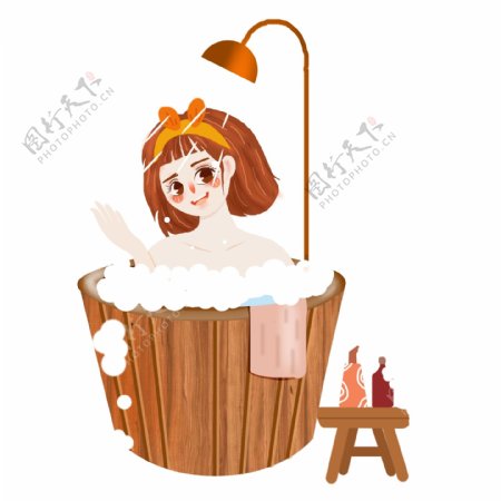 可爱风洗澡的女孩插画人物元素