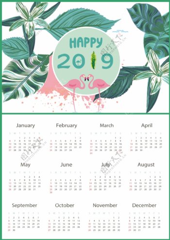 2019年插图风格绿色简单的新年日历