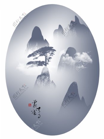 中国风黄山天高云淡镜面迎客松装饰画