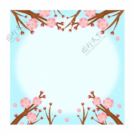 粉色蓝底卡通唯美樱花花朵方形圆环边框