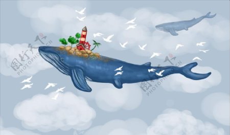 北欧手绘梦幻鲸鱼风景画油画背景