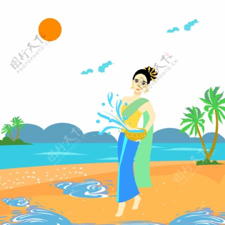 女人集泰国泼水节海滨沙滩水黄蓝绿