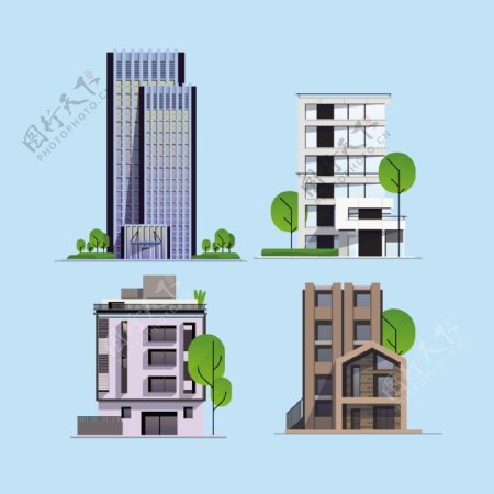 高楼建筑住宅矢量插画素材蓝背景