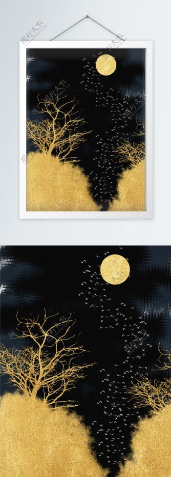 现代抽象黄金山坡圆月群鸟客厅装饰画