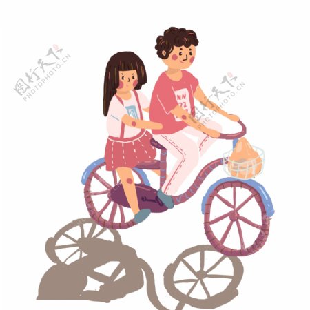 卡通小清新骑自行车约会的小情侣