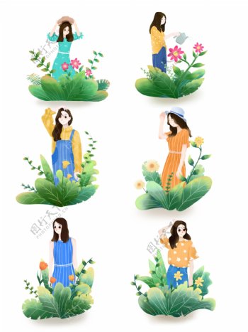手绘春天绿植鲜花女孩人物元素装饰图案合集