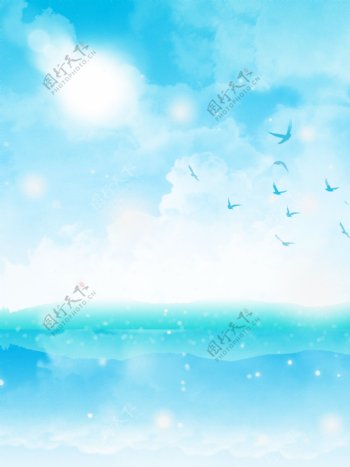 纯原创手绘蓝天白云鸟儿海岛背景