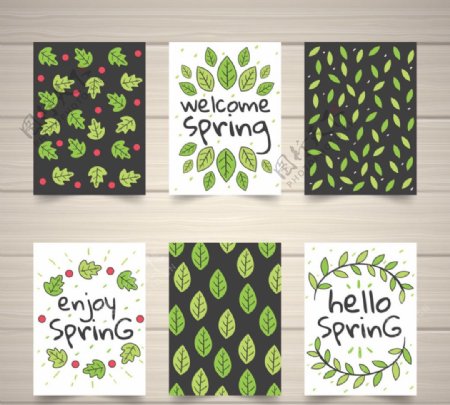 6款手绘春季绿叶卡片矢量素材