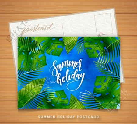 水彩绘棕榈树叶夏季明信片