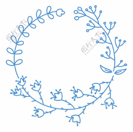 蓝色手绘花环圆形标题框装饰