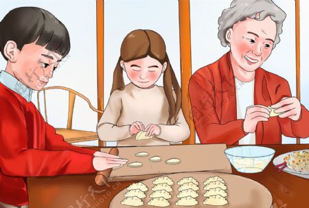 手绘卡通插画全家包饺子冬至春节