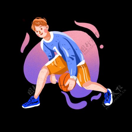 练习篮球的男孩手绘插画png免抠素材