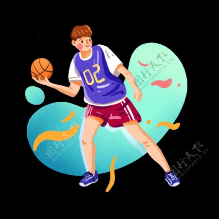 爱打篮球的男孩手绘插画风彩色系png免抠素材
