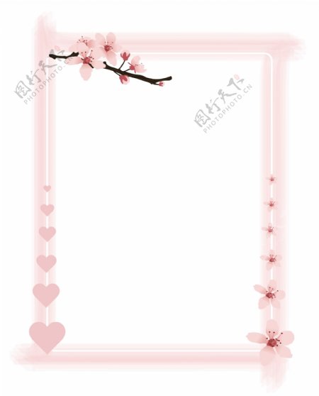 粉色可爱樱花枝方形淡色水墨风矢量边框免抠