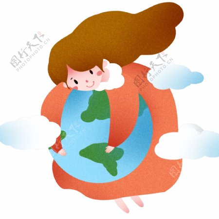 卡通女孩抱地球插画